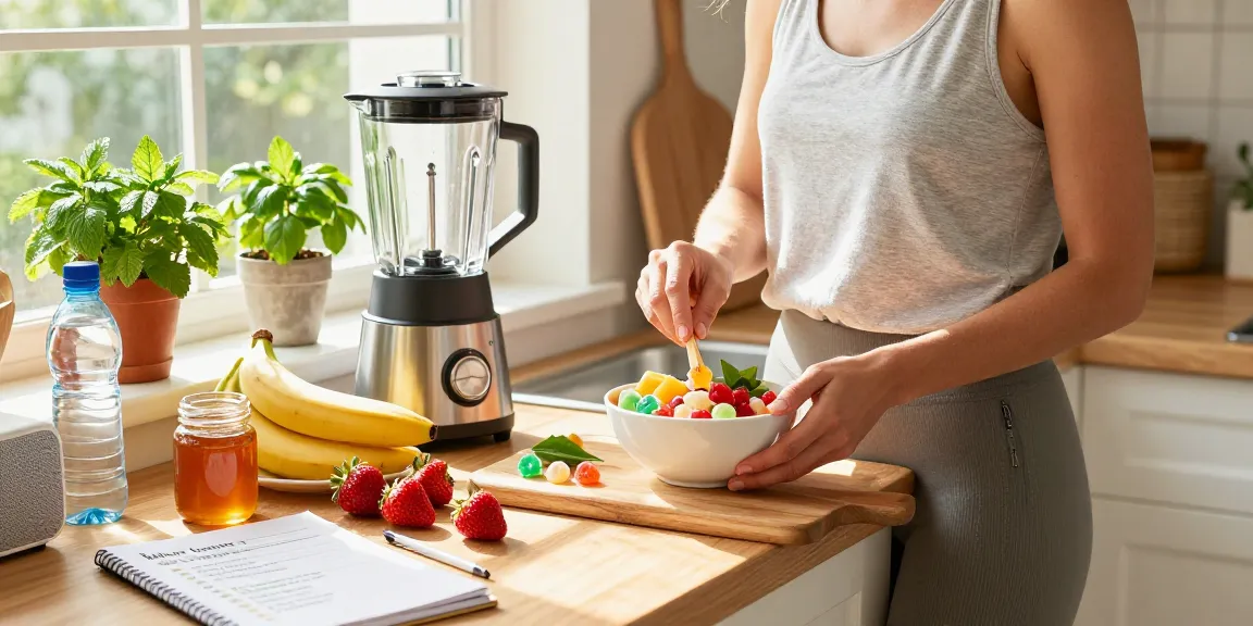 Happy Go Leafy gummies and fresh fruit in a vibrant kitchen scene.