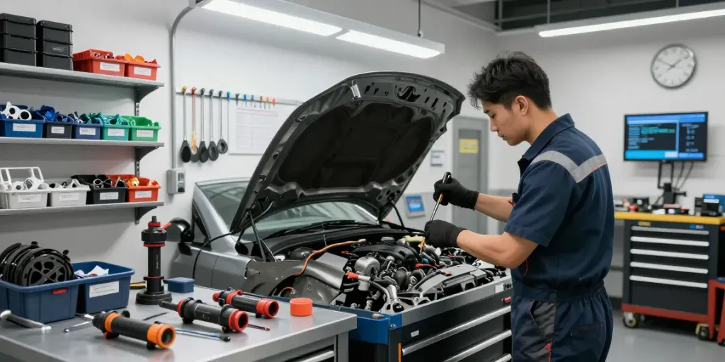 Technician using KS tools in a bright automotive workshop