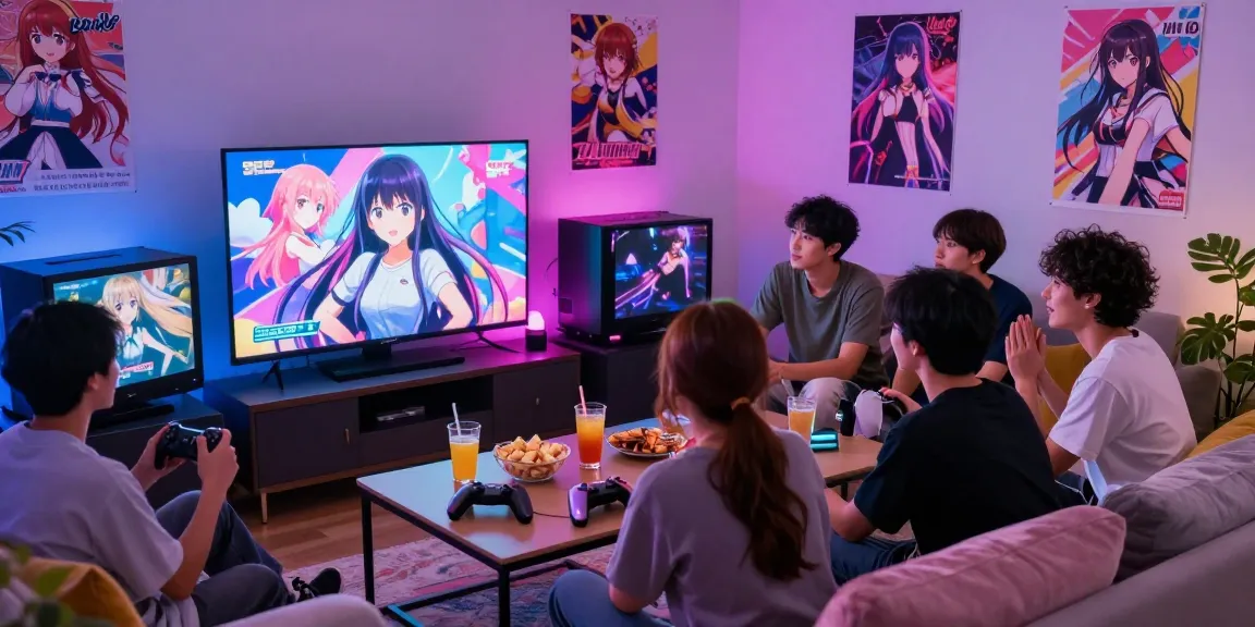 Friends enjoying ecchi games together in a lively atmosphere with colorful gaming setup