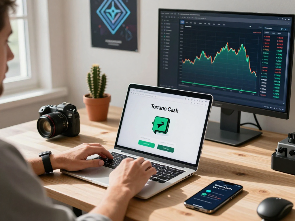 Tornardocash user interacting with crypto mixer in modern workspace, showcasing innovative digital finance tools.
