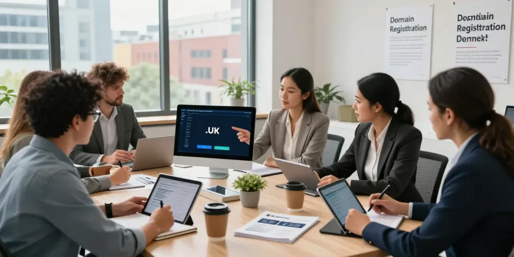 Buy .uk domain registration session with professionals collaborating in a modern office.