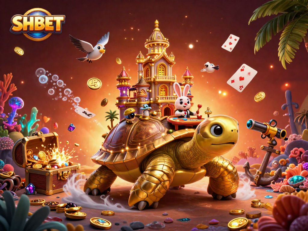 Experience SHBET with engaging games amid a vibrant 3D casino scene filled with treasures.