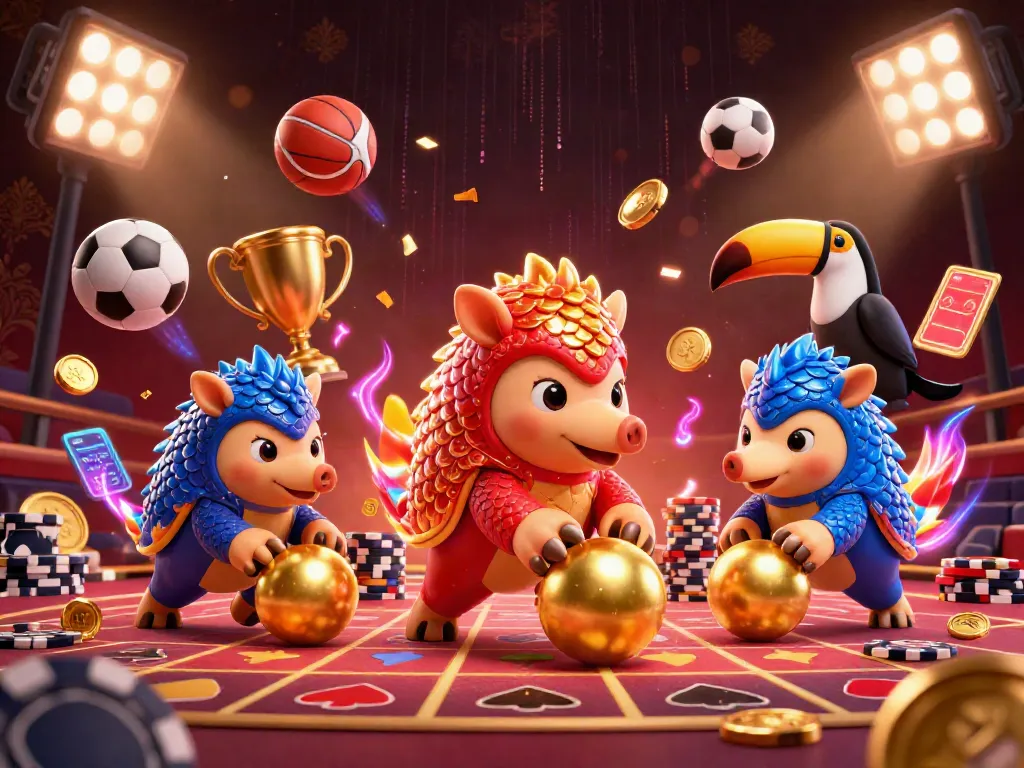 Experience thrilling gaming action with llwin as rival pangolins face off amidst flying sports elements and dynamic visuals.