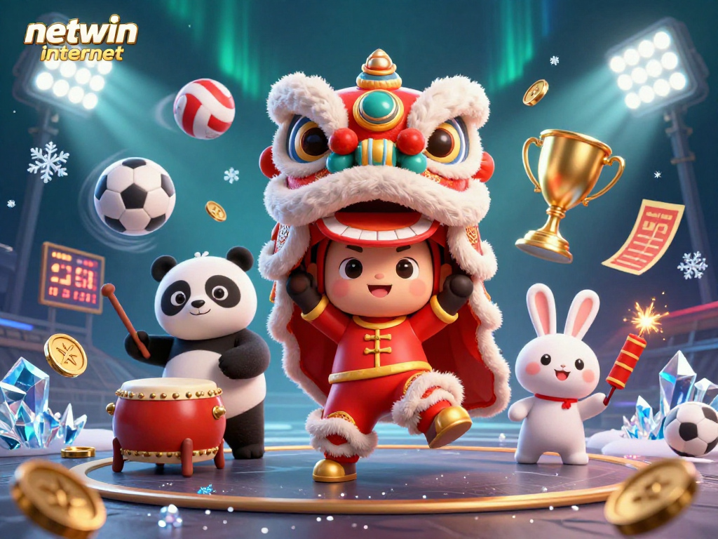 Experience the excitement of netwin internet with a vibrant 3D casino-themed digital illustration featuring a lively lion dance.