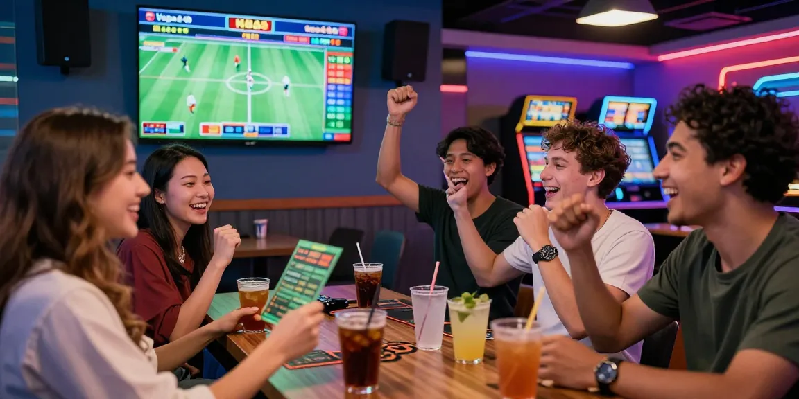 Celebrating friends enjoying vegas 4d gaming experience in vibrant lounge