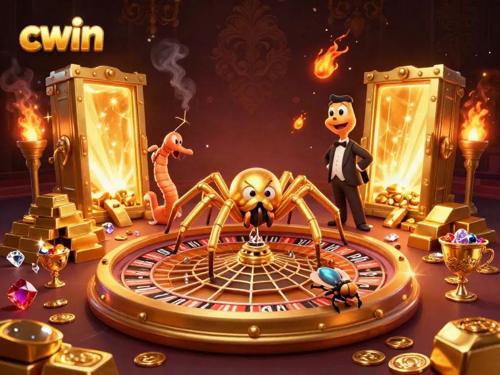Engage in thrilling bets at CWIN, featuring a golden roulette web and nervous fly among sparkling treasures.
