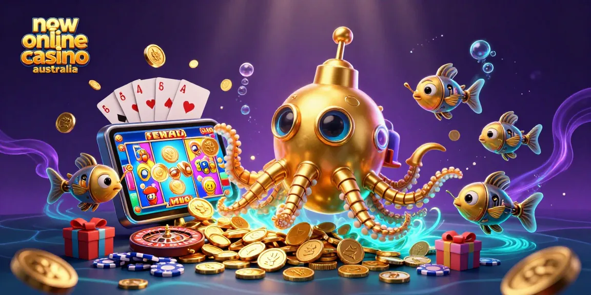 Experience the magic of new online casinos in Australia with vibrant gaming elements and golden treasures.