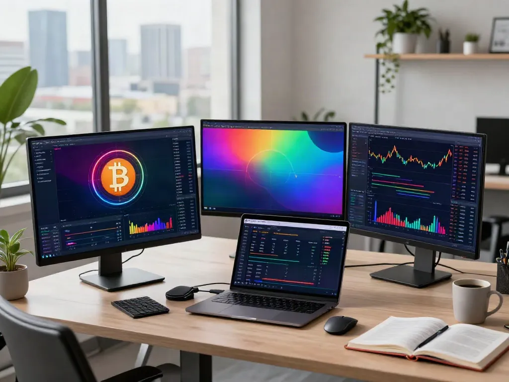verified Telegram channel showcased in a professional crypto trading workspace with advanced monitors and digital wallets