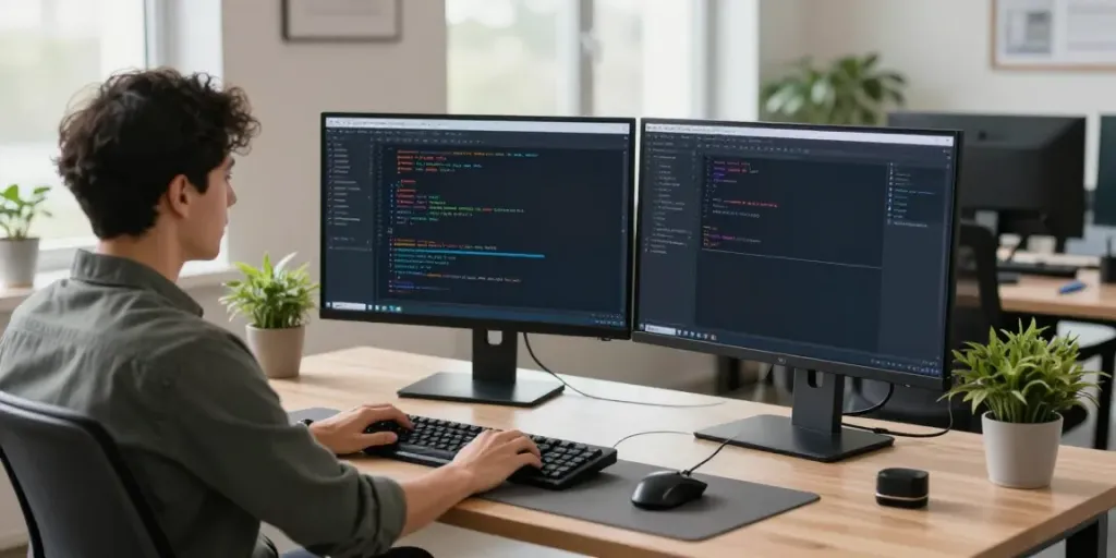 Developer coding in a modern workspace, highlighting instant indexing tools and tech elements.