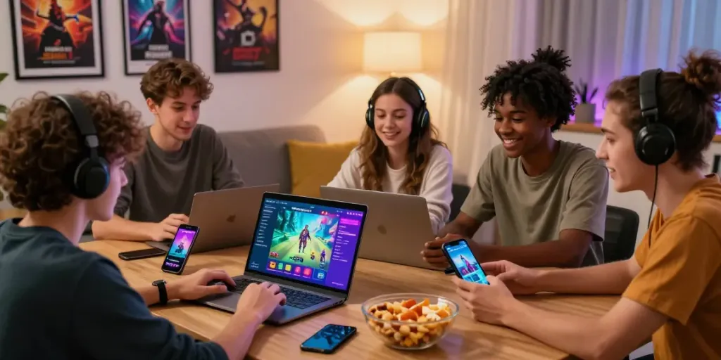 Engaged friends playing games on DEBET platform, showcasing vibrant online entertainment.