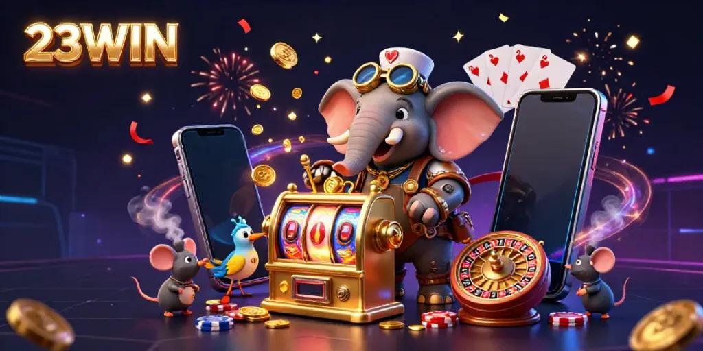 Spin to win with 23WIN in this vibrant steampunk casino scene packed with gaming elements.