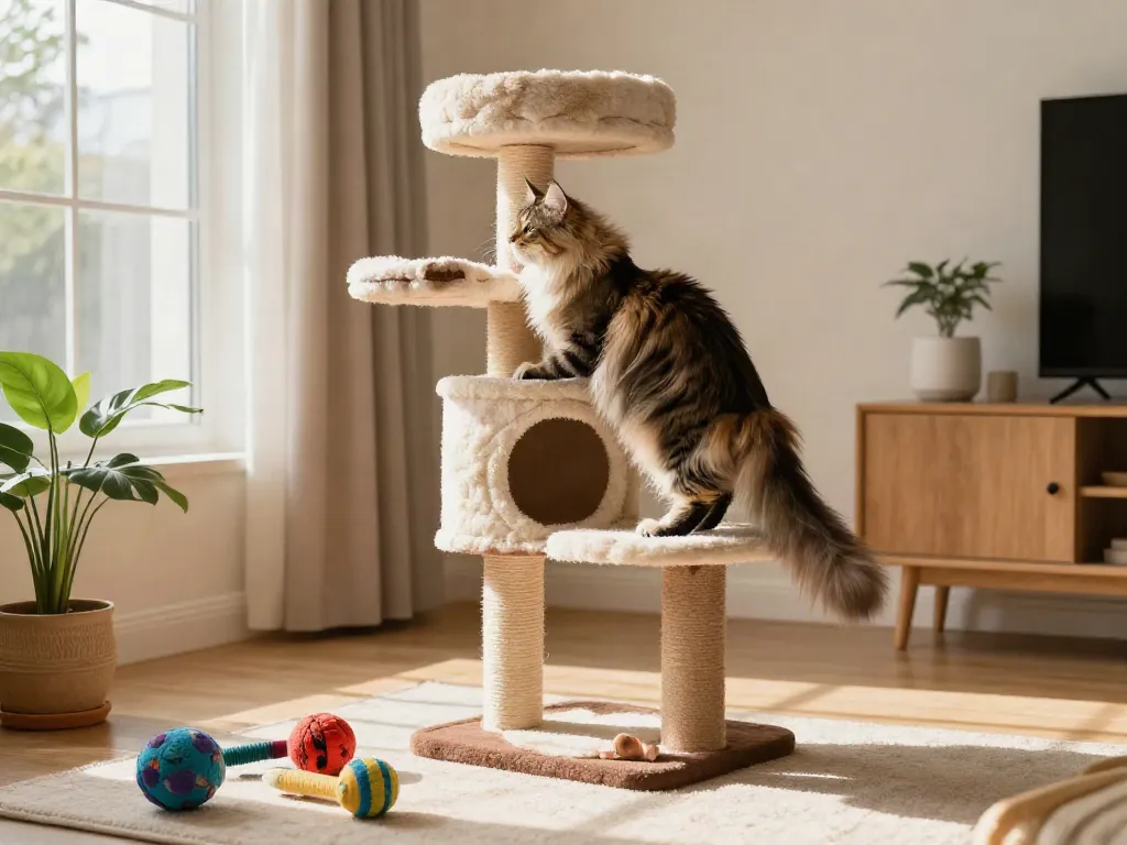 Playful cat on a stylish cat tower in a cozy living room.