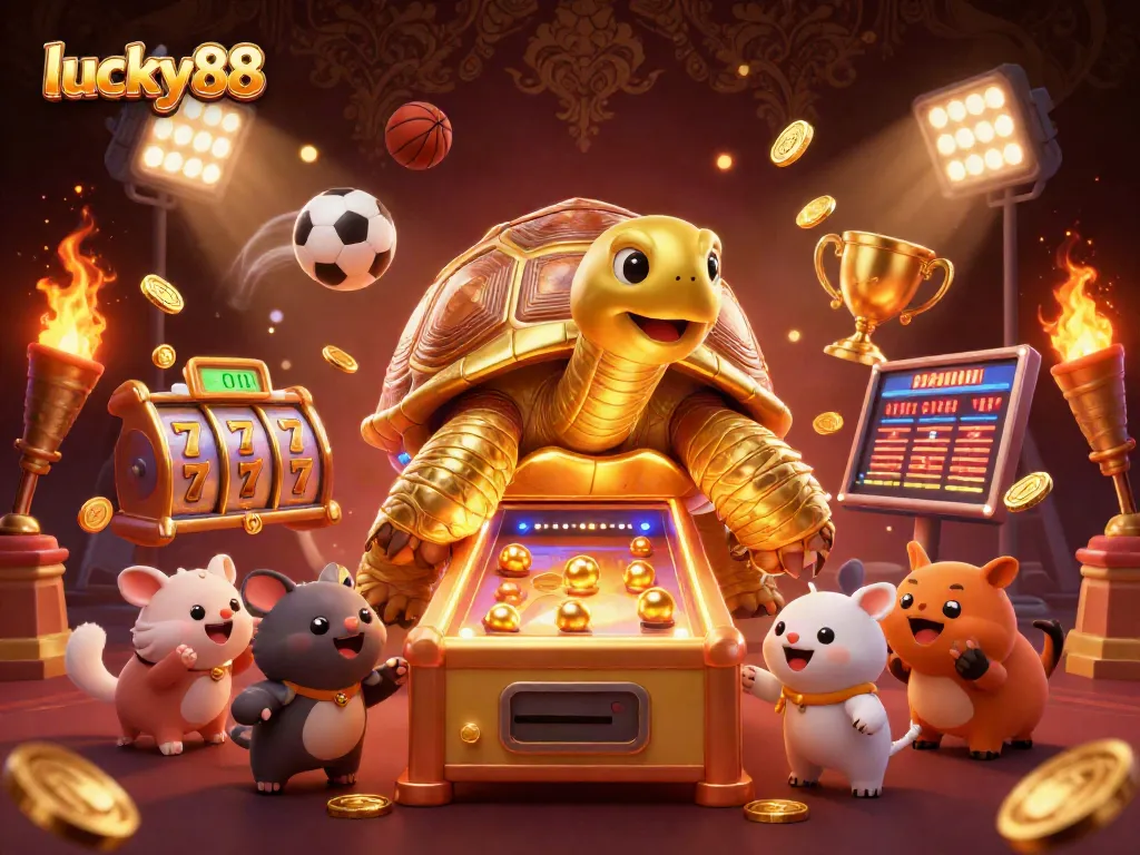 Engaging scene of lucky88 with a golden tortoise pinball machine, exciting sports elements, and vibrant casino imagery.