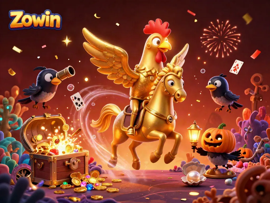 Experience winning moments with Zowin in a vibrant casino setting filled with festive elements.