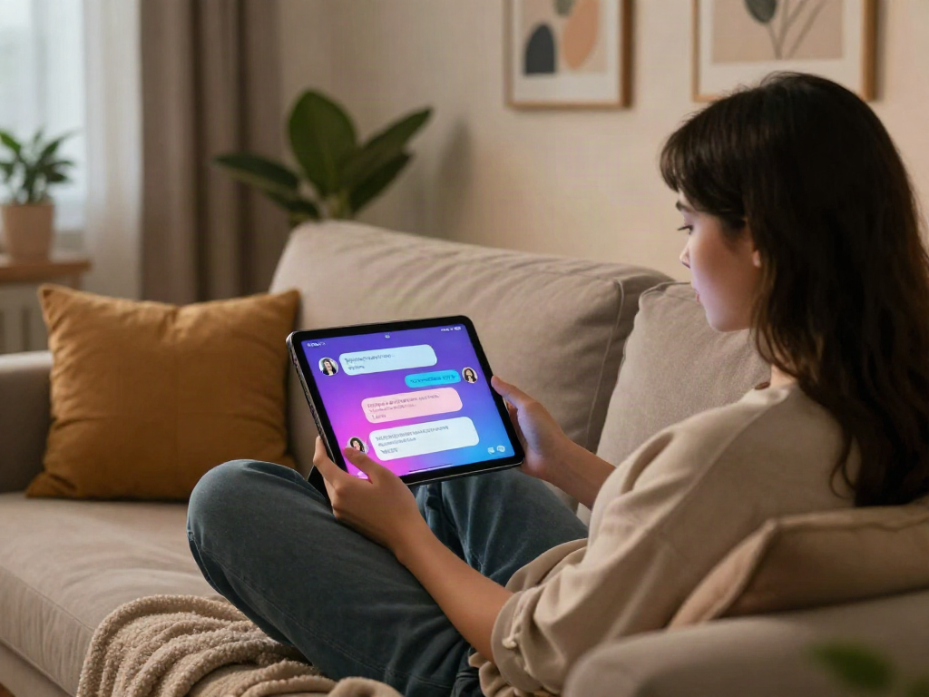 Engaging with ai sex chat app in a cozy living room setting