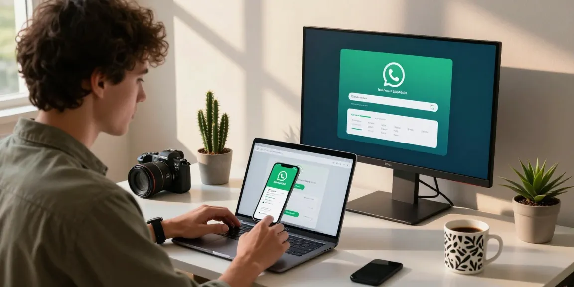 WhatsApp下載 app download process on laptop and smartphone in dynamic workspace.