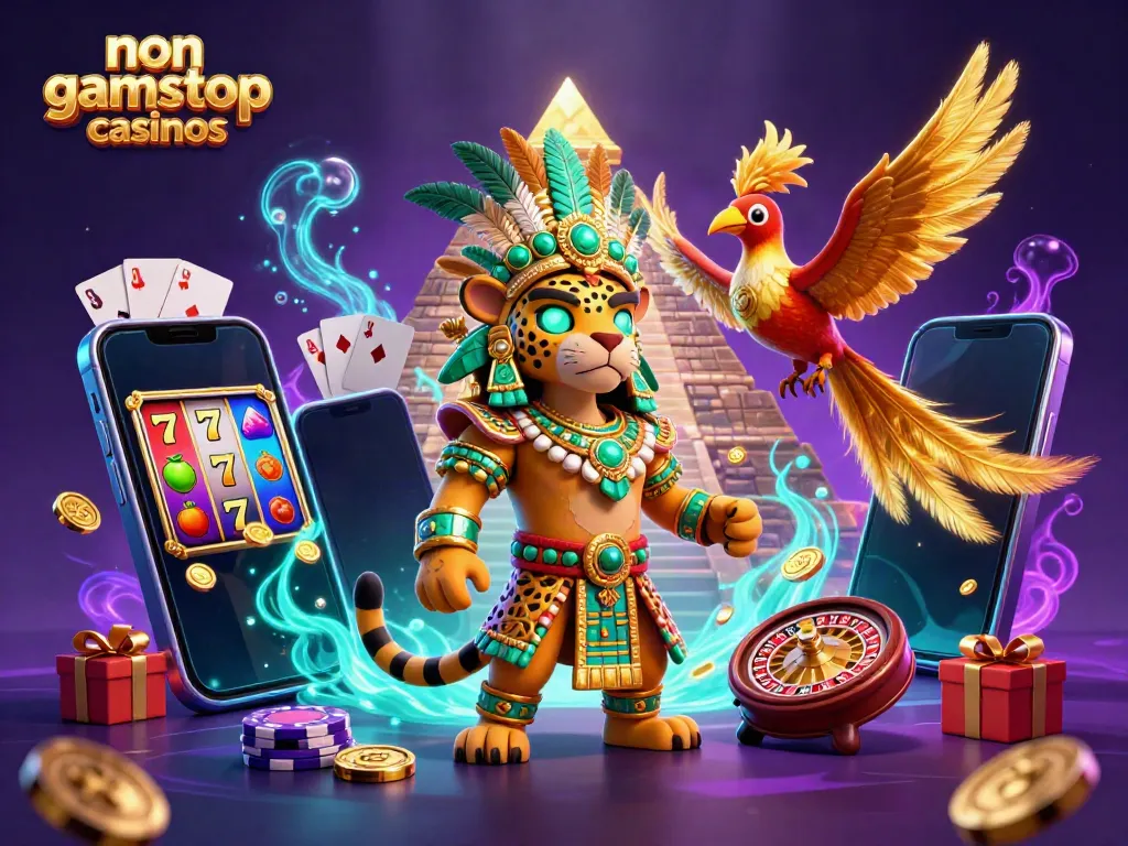 Experience vibrant non gamstop casinos with a Mayan jaguar priest and quetzal bird in a colorful gaming scene.