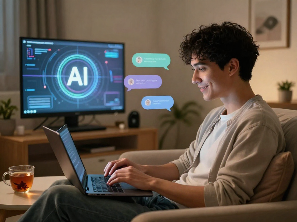 AI porn chat interaction in a cozy room with engaging dialogue bubbles.