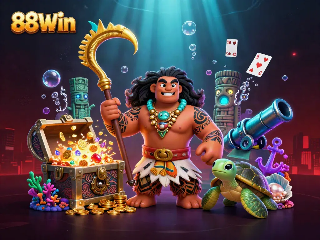 Enjoy a vibrant scene featuring 88Win with a demigod hawk, turtle, and rich casino elements.