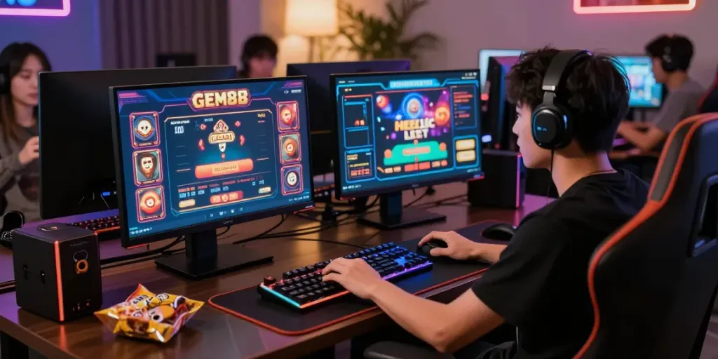 Engaged player enjoying GEM88 online gaming with vibrant casino interface and accessories.