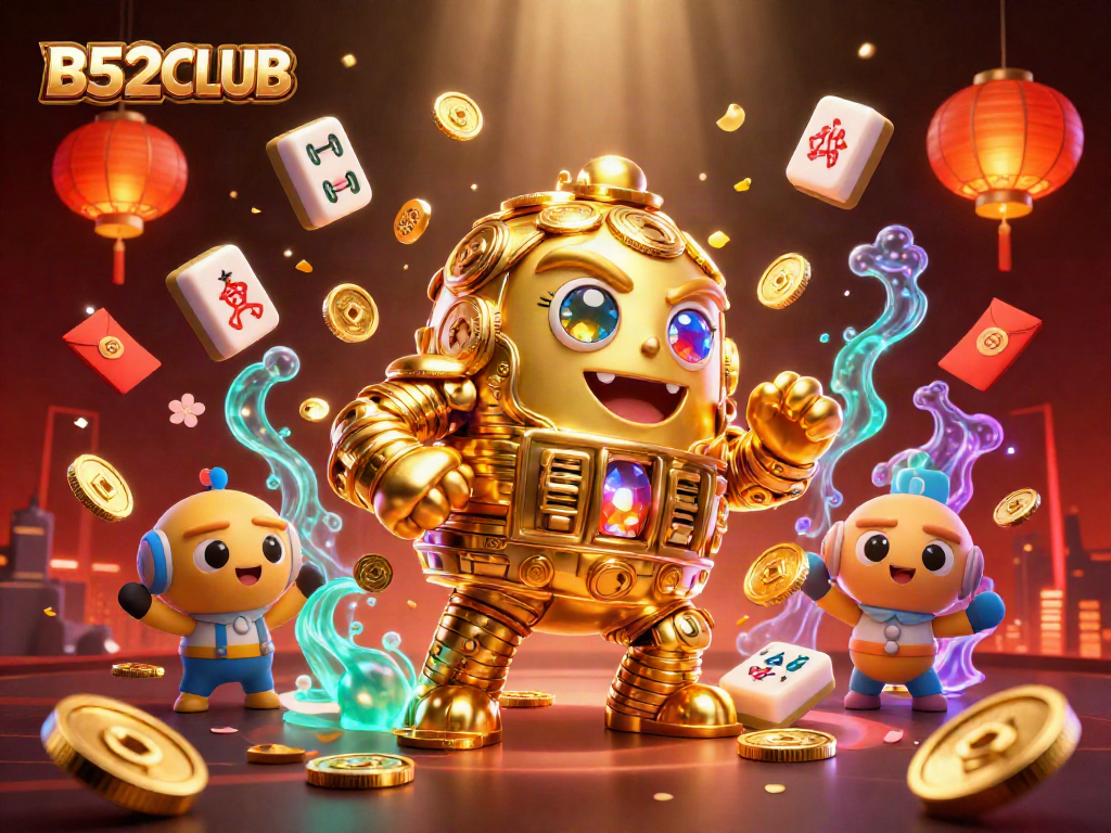 Engage with the thrilling B52CLUB casino experience featuring a dynamic golden golem and vibrant game elements.