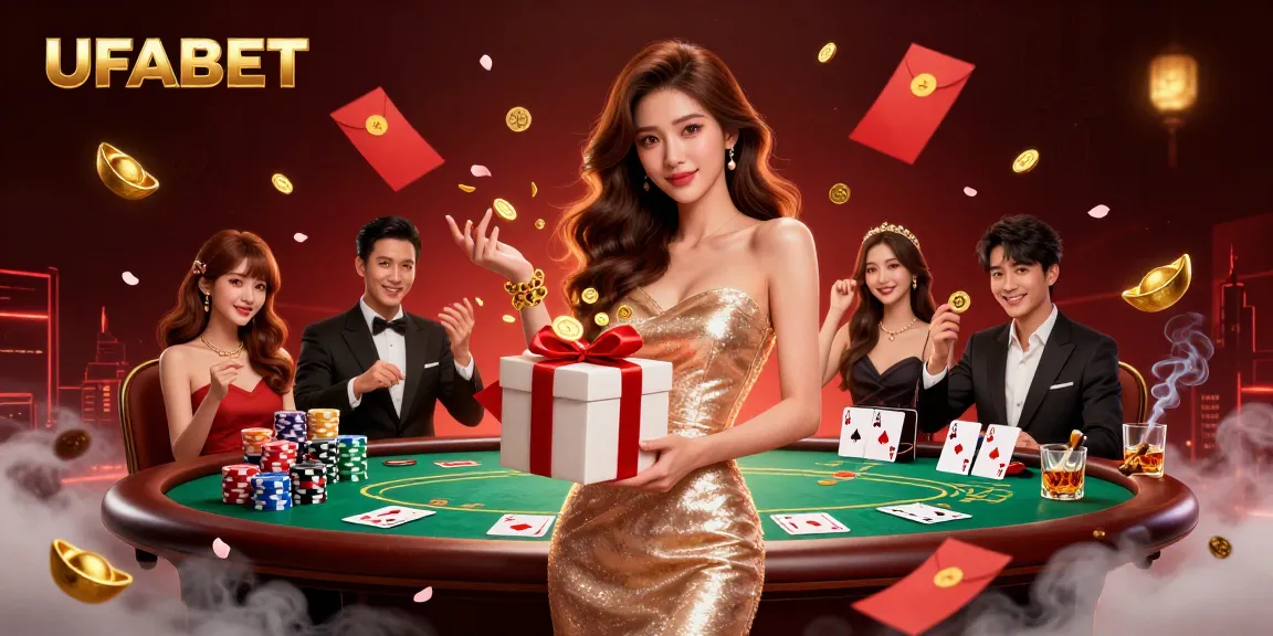 Bet on UFABET with a stunning Asian woman, celebrating wins amidst rich casino elements and vibrant Lunar New Year theme.