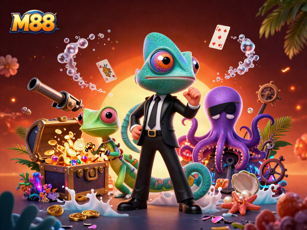 M88 showcases a lively casino scene with vibrant characters and treasure elements, capturing the thrill of online gaming.