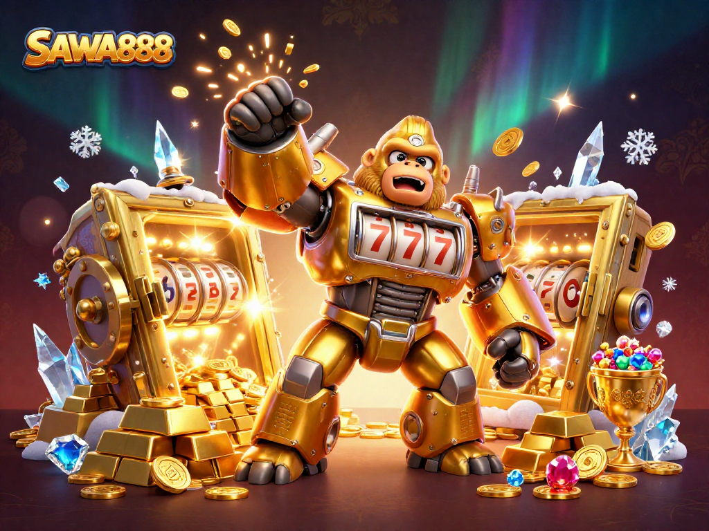 Experience the thrill of SAWA888 with a golden gorilla mech expanding coins and treasures in a vibrant casino scene.