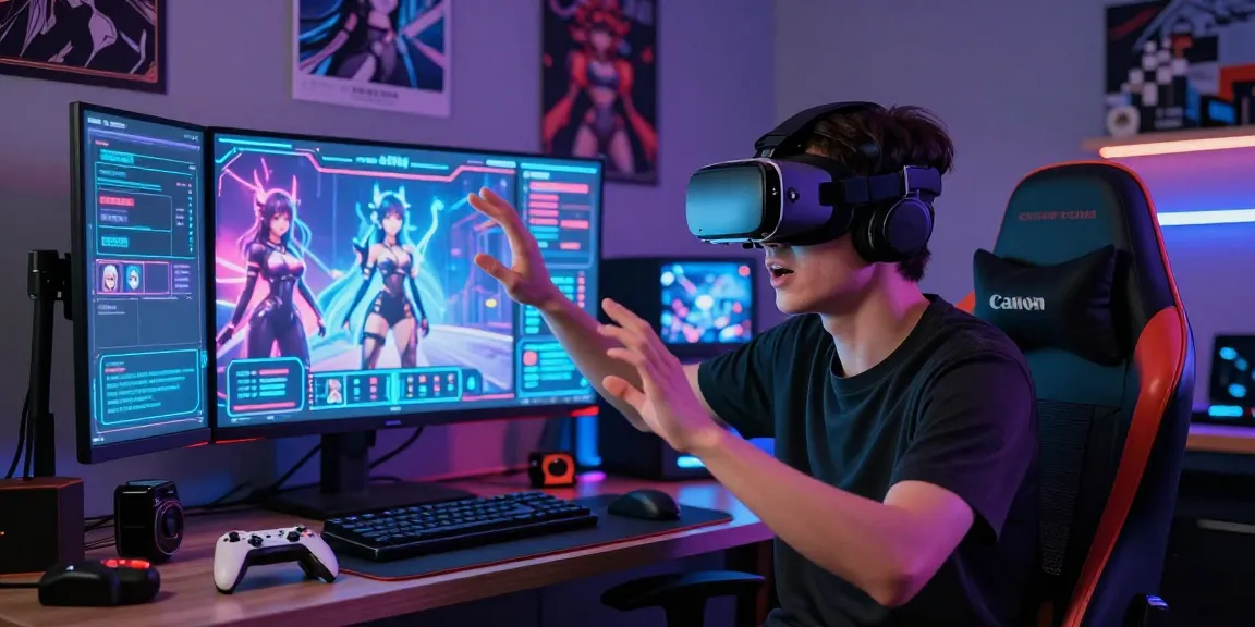 Young man immersed in ecchi AI virtual reality experience with glowing screens and gaming accessories.
