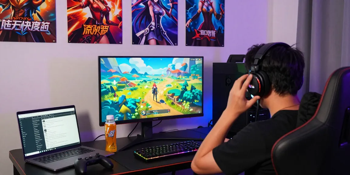 Engaged player enjoying a hentai game with vibrant visuals and gaming setup.