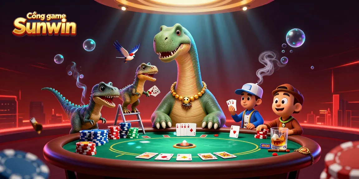 Cổng game Sunwin showcases a vibrant 3D casino scene with a brontosaurus and raptor dealing cards.