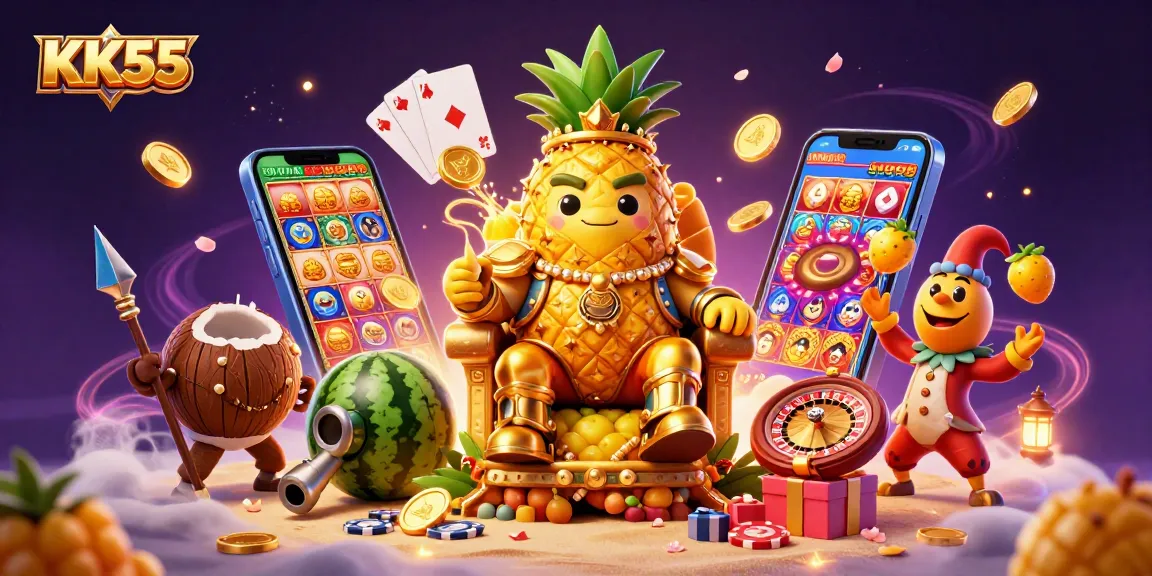 Experience thrilling action at KK55 with the golden pineapple king in a vibrant beach casino setting.