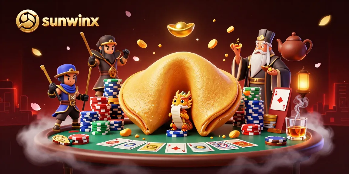 Engage with sunwinx at a vibrant casino scene featuring a golden fortune cookie and poker elements.