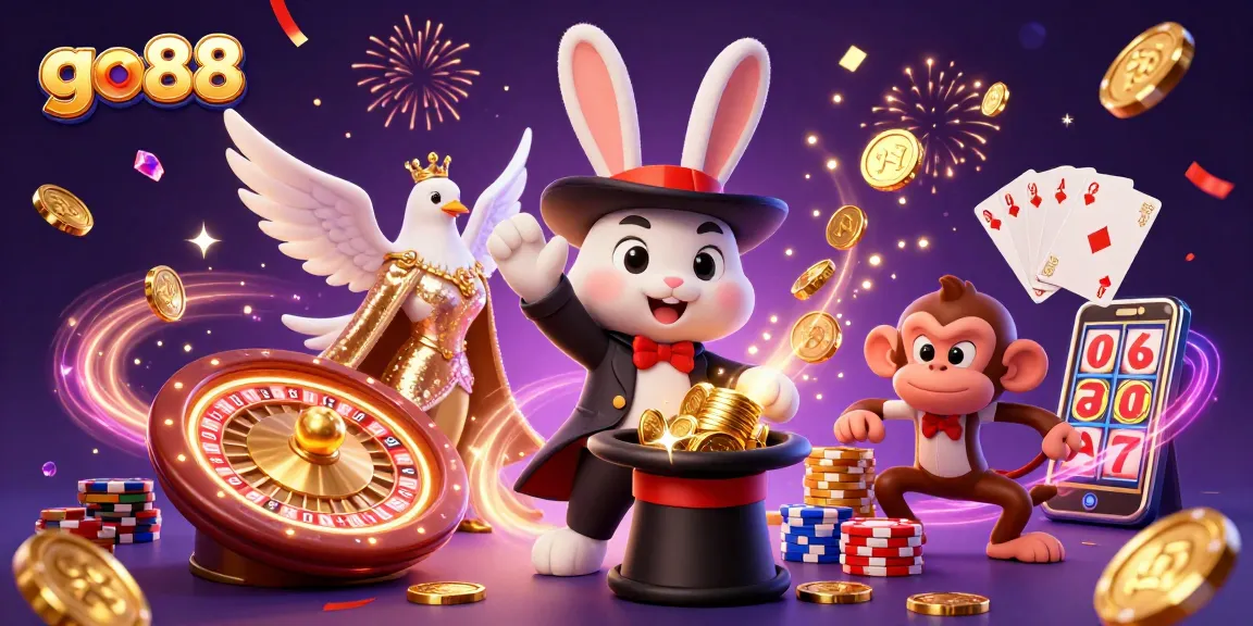 Experience excitement at go88 with a magician rabbit pulling coins, dazzling players in a casino-themed illustration.