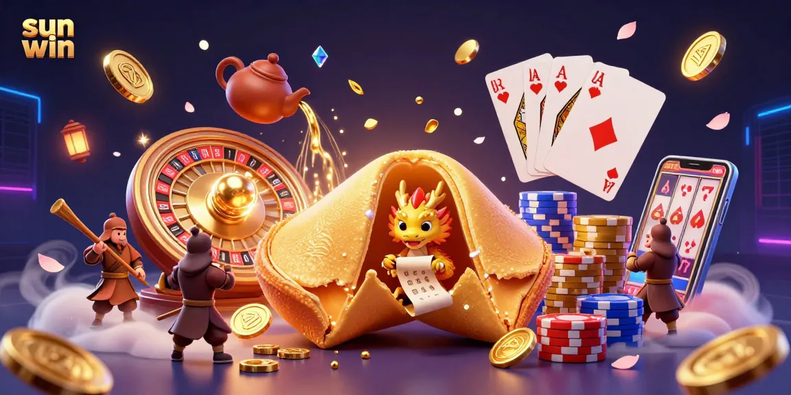Engage with sun win as a dragon reads fortune amidst floating coins and lively casino elements.